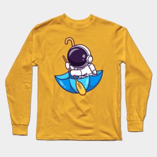 Cute Astronaut Paddling On Umbrella Cartoon Long Sleeve T-Shirt